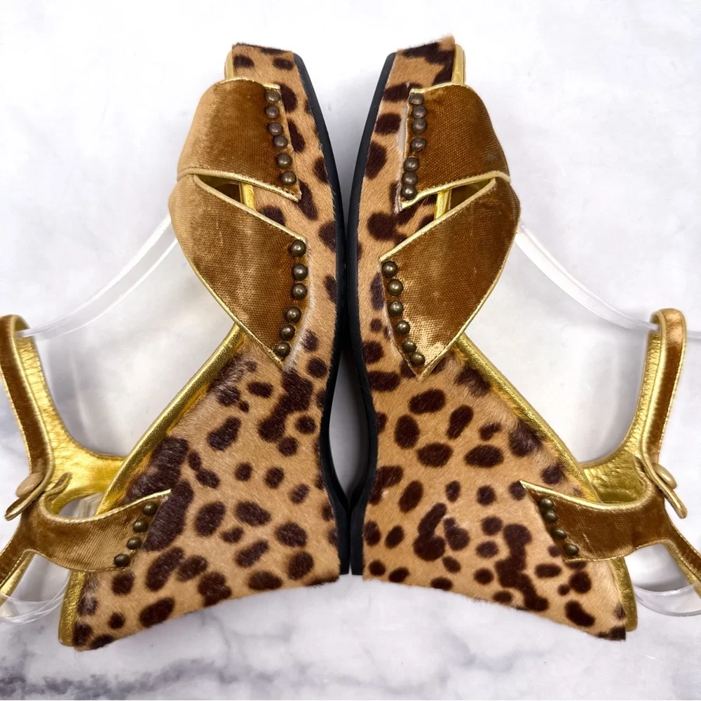 PRADA Vintage Y2K Velvet Leopard Calf Hair Leather Platform Wedge Sandal Heel 38